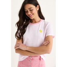 Kadın Limon Nakışlı Çizgili Pamuklu Basic T-Shirt