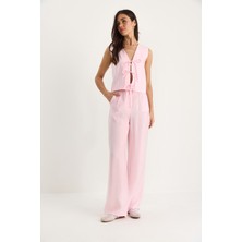 Kadın Bağlamalı Yelek Yüksek Bel Bol Pantolonlu Modal Alt-Üst Takım