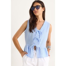 Kadın V Yaka Fiyonk Detaylı Müslin Peplum Bluz G-