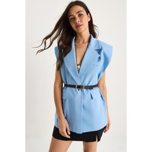 Shade Kadın Cep Detaylı Kemerli Vatkalı Oversize Astarlı Blazer Yelek