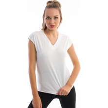 Edelle Beyaz V Yaka Slim Fit Düşük Omuz Pamuklu Kadın Tişört