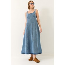 Shade Kadın Geniş Yaka Askılı Kloş Denim Elbise