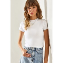 Kadın Bisiklet Yaka Basic Crop T-Shirt