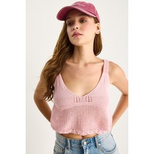 Shade Kadın Ajurlu Askılı Crop Triko Bluz