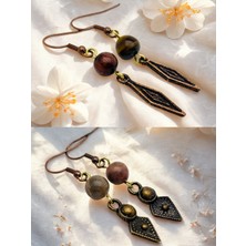 Kaplan Gözü & Rodonit Doğal Taşlı 2'li Küpe Seti