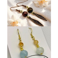 Kaplan Gözü & Akuamarin &sitrin Doğal Taşlı 2'li Küpe Seti