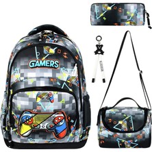 Ortopedik Su Geçirmez Gamer Desen İlkokul Sırt Çantası Termal Beslenme+Kalemlik+Anahtarlık
