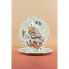 Bursa Porselen Dekor Renkli Çiçek Buketi Altın Yaldızlı Bone 2 Kişilik Çay Fincan Takımı