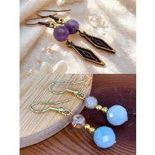 Ametist & Akuamarin &sitrin Doğal Taşlı 2'li Küpe Seti