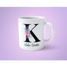 Çiçekli K Harfli Isimli Baskılı Beyaz Kupa Bardak