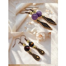 Ametist & Kaplan Gözü Doğal Taşlı 2'li Küpe Seti