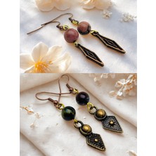 Rodonit & Kaplan Gözü Doğal Taşlı 2'li Küpe Seti