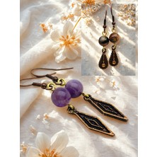 Ametist & Rodonit Doğal Taşlı 2'li Küpe Seti