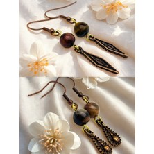 Kaplan Gözü & Rodonit Doğal Taşlı 2'li Küpe Seti