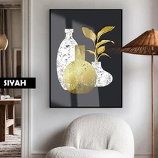 Harikabirev|gri-Gold Bohem Botanik Soyut Model 02 |çerçeveli Temperli Cam Tablo Tekli Dikey