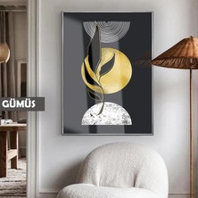 Harikabirev|gri-Gold Bohem Botanik Soyut Model |çerçeveli Temperli Cam Tablo Tekli Dikey