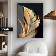 Harikabirev| Altın -Siyah Tüy Modeli 02 (Feather)|çerçeveli Temperli Cam Tablo Tekli Dikey