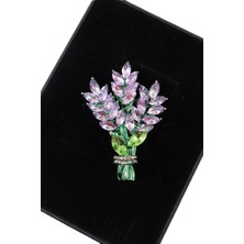 Keeba Düşlerin mor esintisi Lavanta çiçeği broş pırlanta taşlı yeşil dallı çiçekli erkek kadın yaka iğnesi