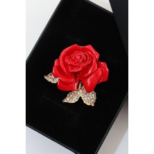 Keeba Bir tutam sevgi Kırmızı gül broş altın yapraklı zirkon taşlı çiçekli erkek kadın yaka iğnesi