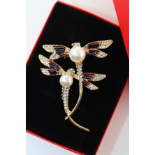 Keeba Zamanın durduğu an Gold renk incili yusufçuk kadın broş kristal taşlı yaka iğnesi