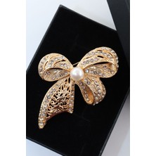 Keeba Sevginin sonsuz Düğümü gold renk incili fiyonk kadın broş kristal taşlı yaka iğnesi