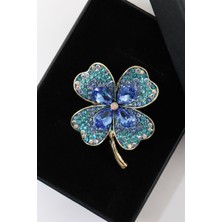 Keeba Şansın simgesi Dört yapraklı yonca broş mavi gold tonlu taşlı erkek kadın yaka iğnesi