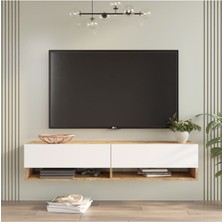 Aven Tv Ünitesi Tv Sehpası Raflı Kapaklı 140CM Çam-Beyaz AVE11-AW