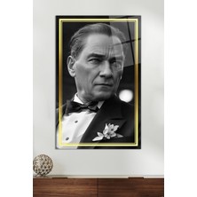 Gold Şeritli Gri Yapay Zeka Atatürk Cam Tablo, Ev ve Ofis Dekoru, Hediyelik Duvar Dekorasyonu