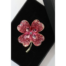 Keeba Şansın sembolü Dört yapraklı yonca kadın broş gold bordo tonlu taşlı hediye yaka iğnesi