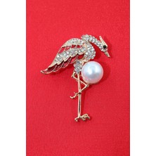 Keeba Sadakatin imzası Turna broş gold pırlanta taşlı incili lüks kuşlu kadın yaka iğnesi