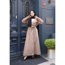 Harma Time Butik Kadın Kuşaklı Çift Düğmeli Astarlı Bondit Bej Trençkot