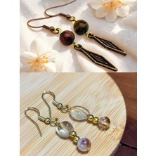 Kaplan Gözü & Sitrin Doğal Taşlı 2'li Küpe Seti