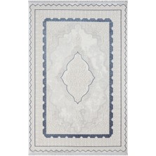 Dark DK016M Gri Halı Mavi Kenar Çerçeveli Göbekli Akrilik Tozuaz Modern Salon Halısı Koridor Halısı