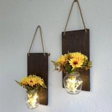 LED Işıklı, Sarı Papatya Çiçekli Duvar Dekoru Ceviz Ikili Set