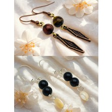 Kaplan Gözü & Oniks Doğal Taşlı 2'li Küpe Seti