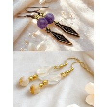 Ametist & Kuvars & Sitrin Doğal Taşlı 2'li Küpe Seti