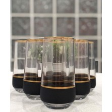 Altın Detaylı, 6 Kişilik Şık Su Meşrubat Bardağı, 470 Cc, Şeritli Tasarım