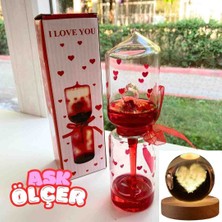 Romantik Aşk Ölçer & Kalp Temalı Kristal Cam Kar Küresi Seti 3D Boyutlu Ahşap Tabanlı Renk Değiştiren Model 2'li Hediyelik Takım