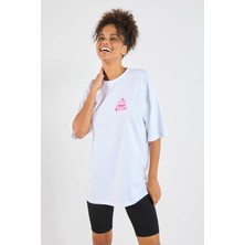 Trend Kadın Tişört - %100 Pamuk Kek Sweet Baskılı Oversize Beyaz