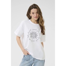 Trend Kadın Tişört - %100 Pamuk Güneş  Baskılı Oversize Beyaz