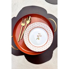 Şık 6 Kişilik Çiçekli Porselen Pasta Tabağı Takımı, 19 Cm, Turuncu