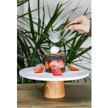 Doğal Mermer Pasta Kek Standı, Ahşap Ayaklı Sunumluk, 28 cm Peynir Tabağı