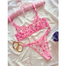 Kırmızı Kalpli Pembe Tül Bralet Sütyen Takım