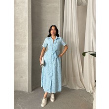 Pamuk Fisto Çiçek Desenli Cep ve Kemer Detaylı Astarlı Elbise