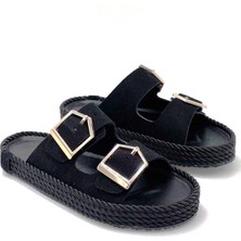 Kindep Çift Toka Hasır Günlük Kadın Terlik Siyah