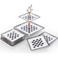 Dama Seramik Ikram Seti, Çift Katlı Sunum Tabağı ve 6'lı Tatlı Tabağı