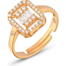 925 Ayar Gümüş Rose Kaplama Pırlanta Montürlü Ayarlanabilir Baget Yüzük