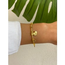 Pndr Model Açık Kalp Taşlı Zirkon Charm Ayarlamalı Gold Bileklik