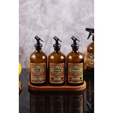 500ML Amber Renkli Cam Vintage Ahşap Stantlı Yağdanlık Seti, Zeytinyağı, Ayçiçek Yağı, Sirke