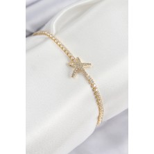 Pirinç Zirkon Taşlı Deniz Yıldızı Model Gold Renk Kadın Bileklik